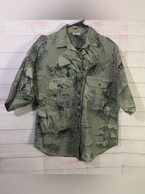 Liz Thomas VTG Safari Abstract Animal Print Button Up Short Sleeve Shirt Large